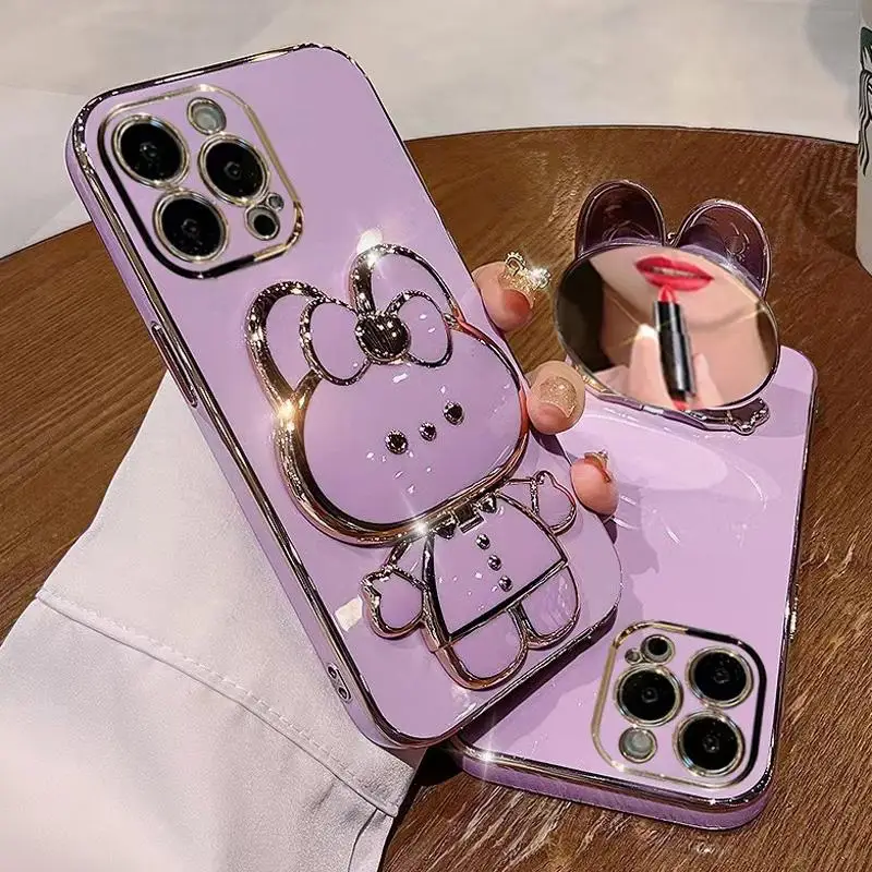 Cartoon Cute Hidden Makeup Mirror 360 Degree Rotating Stand Shockproof Phone Case iPhone 16Pro Max 15Pro 14Plus 13 12 11Pro Max