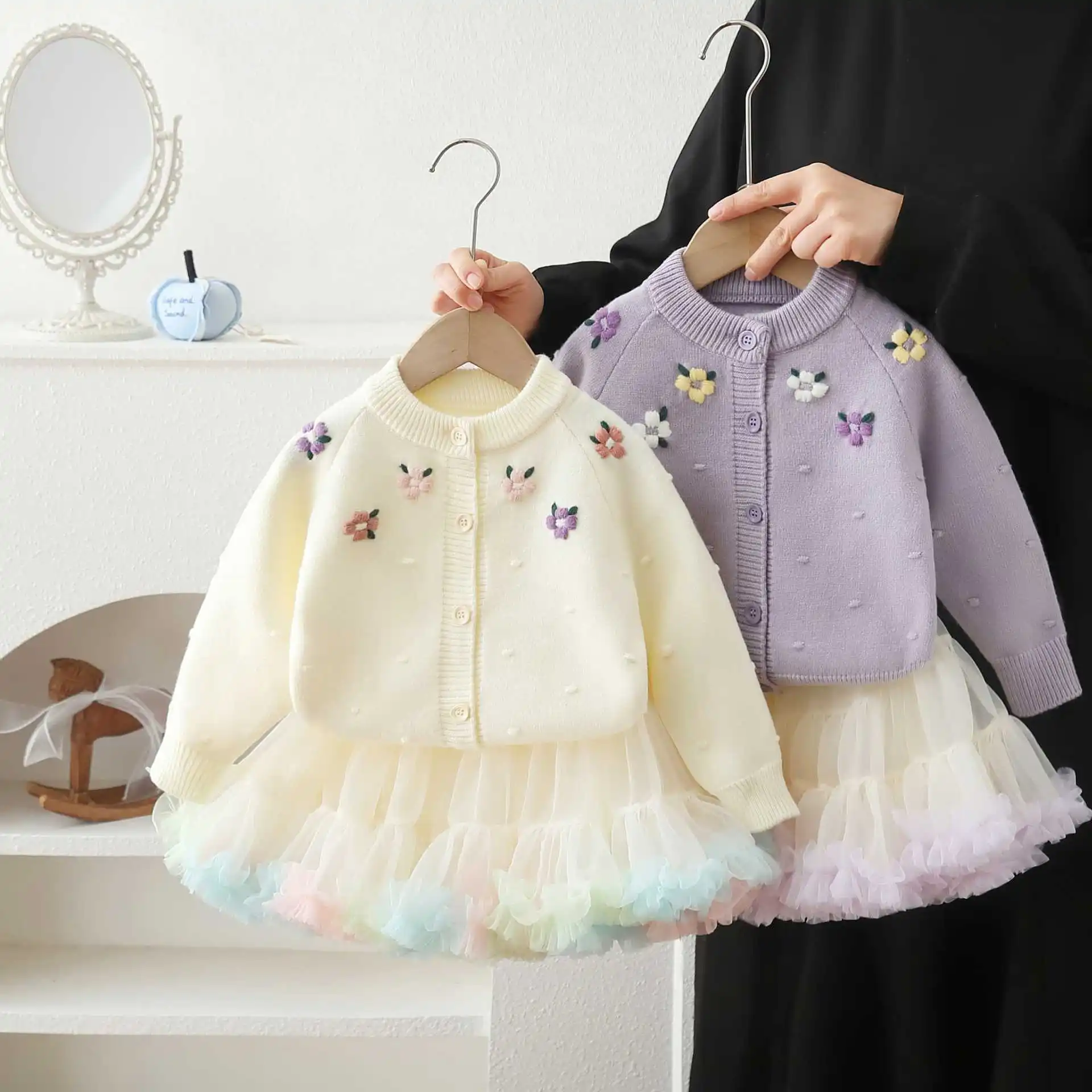 Girls Dress Clothes Sets Spring Autumn Children Woolen Jersey Sweaters Coats Tutu Skirts Princess Suit Baby Knitted Outfits Kids
