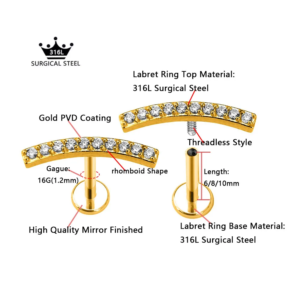 100% 316L Surgical Steel 16G Wave Curve Internal Thread Piercing CZ Twist Daith Conch Tragus Earring Round Stone Labret Jewelry