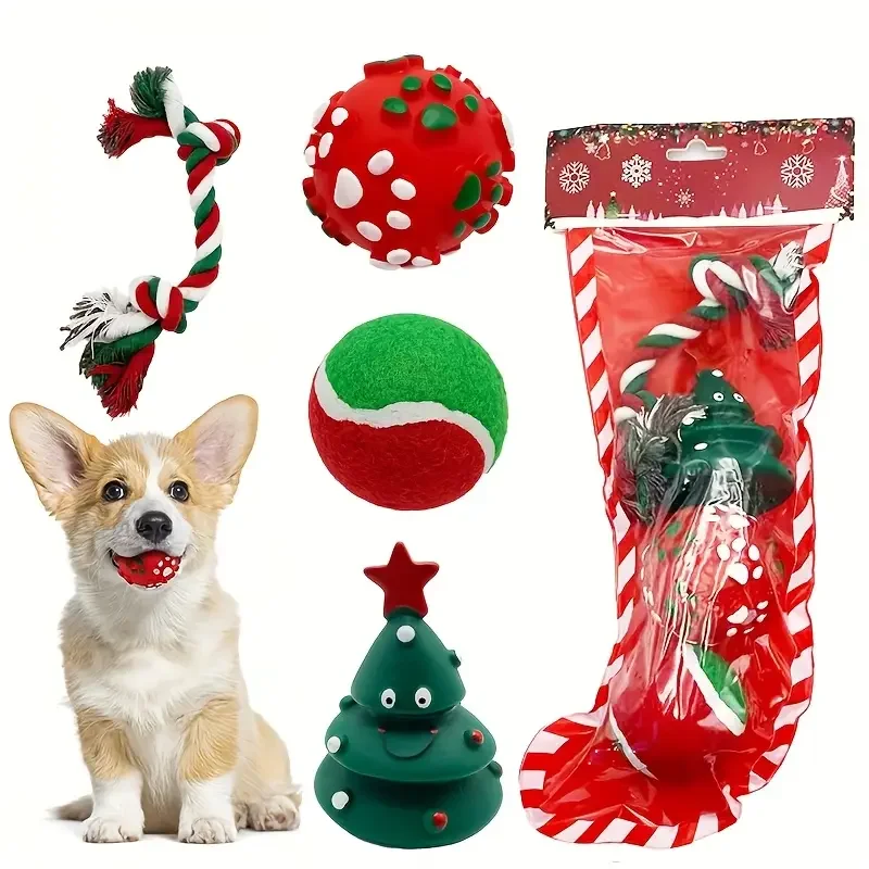 

4pcs Christmas Dog Chew Toy Set Durable Pet Teething Toys Assorted Combination Including Plush Balls And Holiday Stocking
