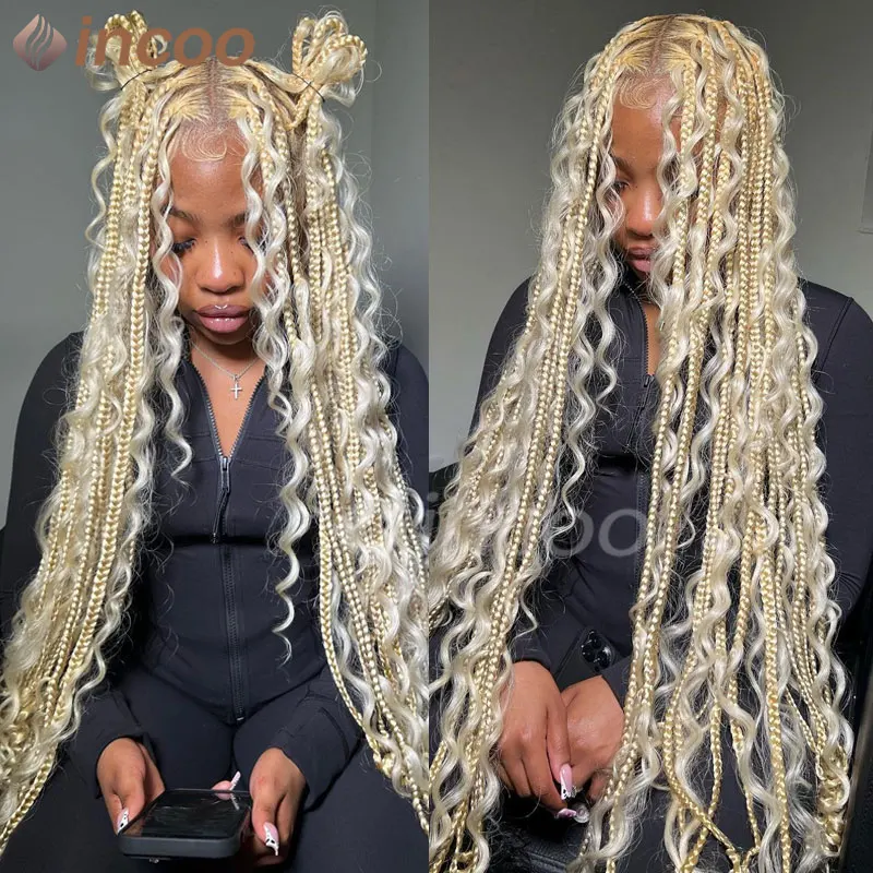 

Synthetic Box Jumbo Braided Wigs Honey Blonde 613 Colored Bohemia Lace Front Wigs Square Part Braid Wigs Boho Box Lace Wigs