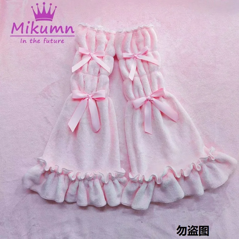 Mikumn Harajuku Women Cute Pink Plush Leg Warmer Socks Y2k Gothic Lolita Sweet Bow Ruffles Kawaii Leg Cover Elastic Boots Socks images - 6