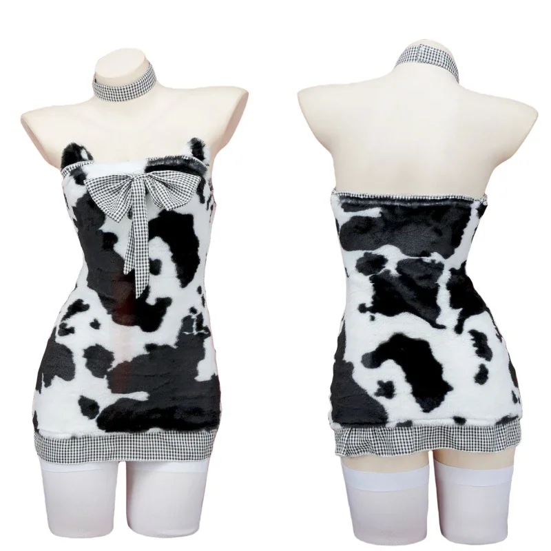 Sexy Cow Bear Plush Mini Dress Cosplay Costume Cute Girl Nightdress Bow Maid Uniform Role play Underwear Outfits Halloween Anime