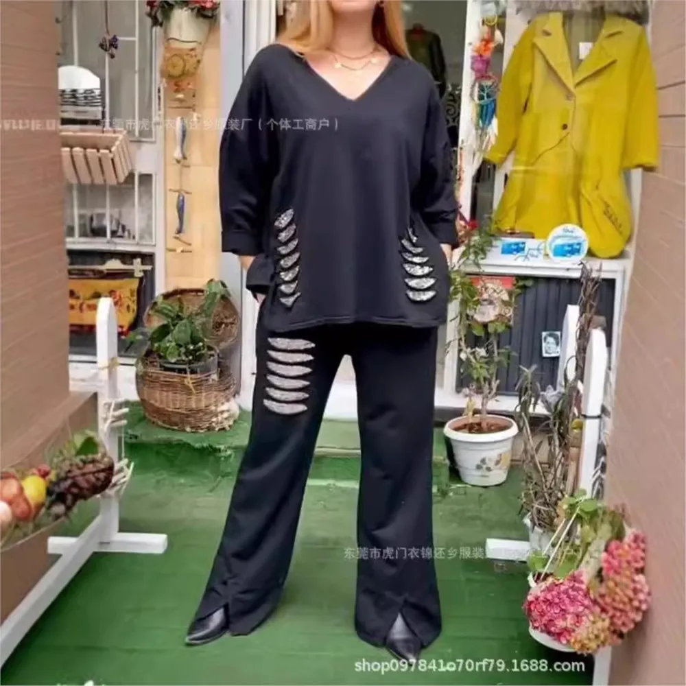 Moda rasgado lantejoulas solto com decote em v t camisa calças 2 peça conjunto para o outono feminino nova fenda casual calças esportivas terno feminino