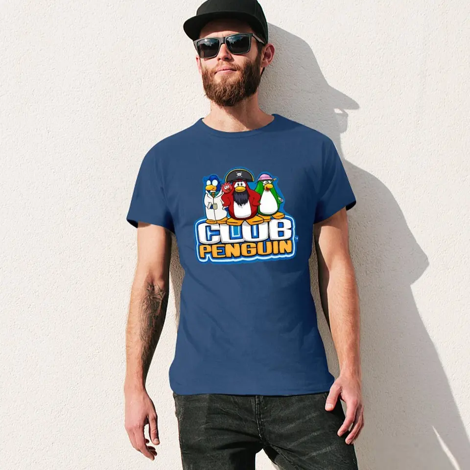T-shirt masculina com logótipo Club Penguin, tops de verão lisos