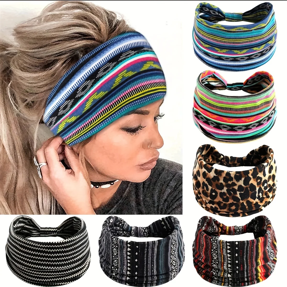 6-Piece  Chic Women'S Headbands Set - Wide, Knotted, Non-Slip Elastic Hair Bands With Vintage Prints For Yoga, Running & Sports