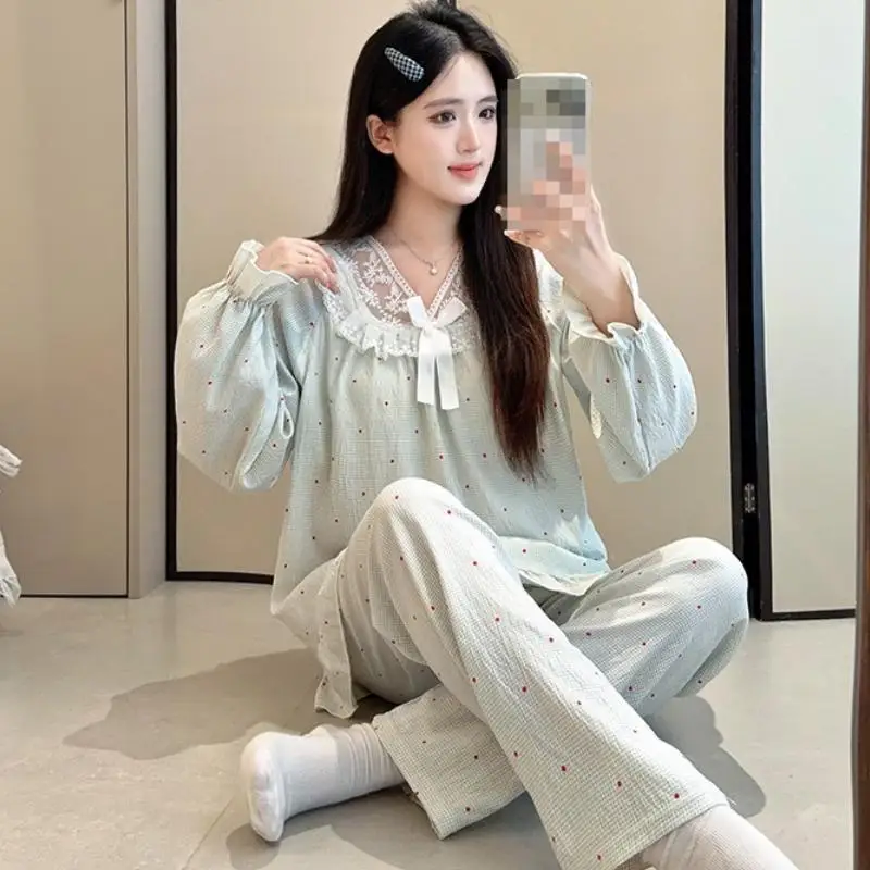 Women's Lace V-Neck Pullover Long Sleeved Long Pant Home Suit Set for Girls In Spring Autumn New Pajamas for Women Two-Piece Set