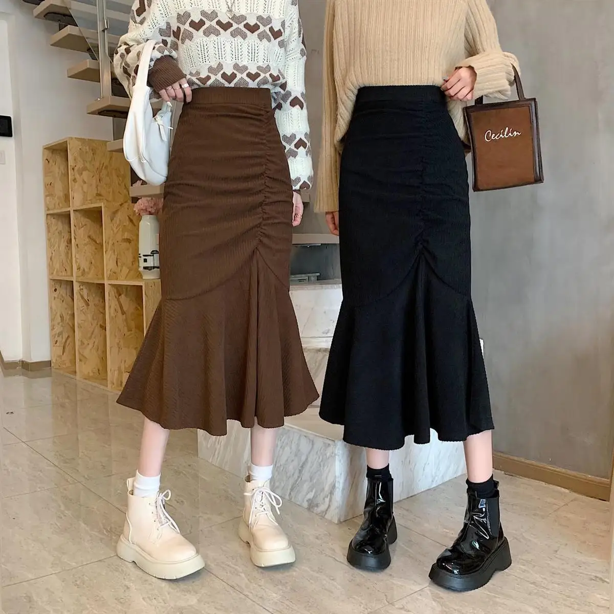 

Corduroy buttock wrap skirt middle long autumn and winter new a-line skirt children's ruffle waist pleated fishtail skirt