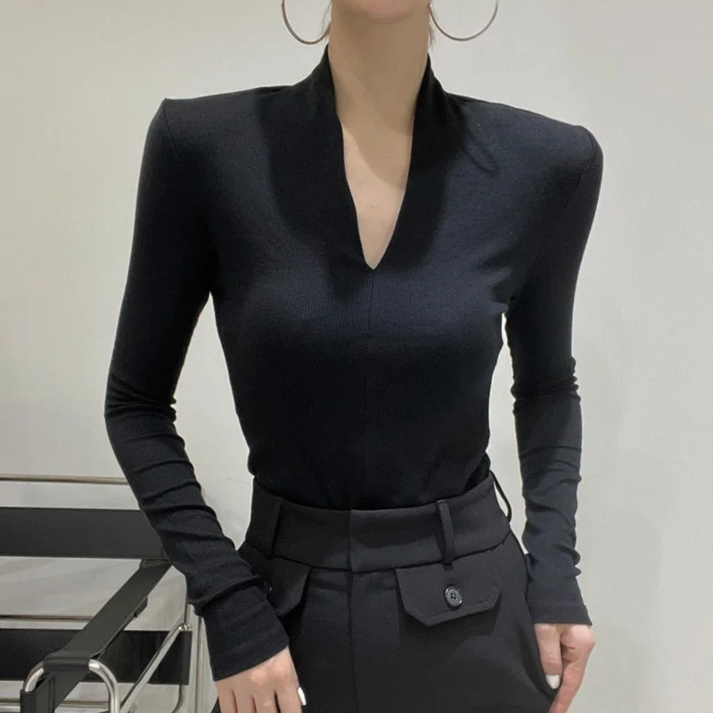 Suéter de punto para mujer, Jersey de manga larga con cuello en V, a la moda, nuevo jersey ajustado sólido que combina con todo, Otoño, 2022