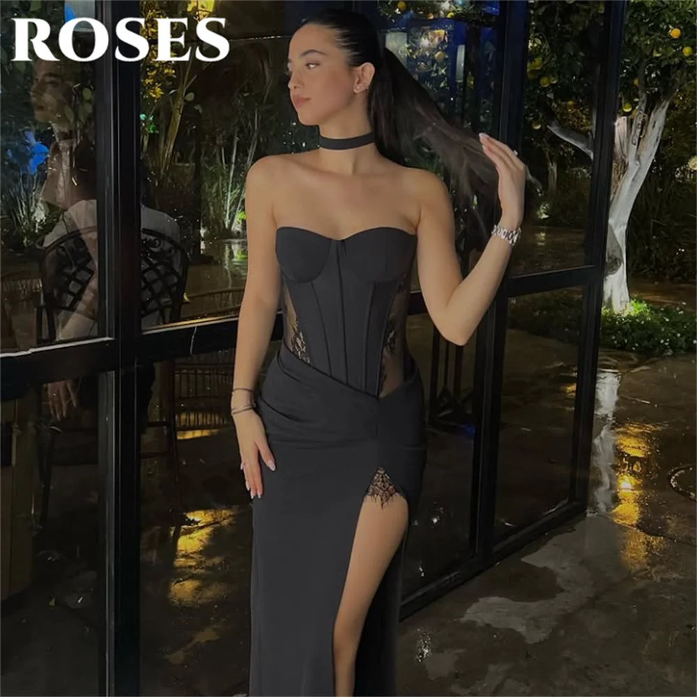 ROSES Black Elegant Prom Dress Sweetheart Lovely Ruffle Lace Party Dress Satin High Split Evening Dress robe de bal Customized