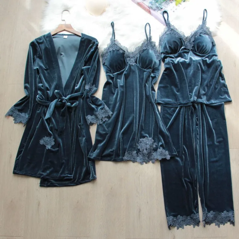 Autumn Winter Velvet Pajamas Four Piece Set Women Sleepwear Sexy Lace Trim Bathrobe Nightgown Loose Velour Homewear Pijamas Suit