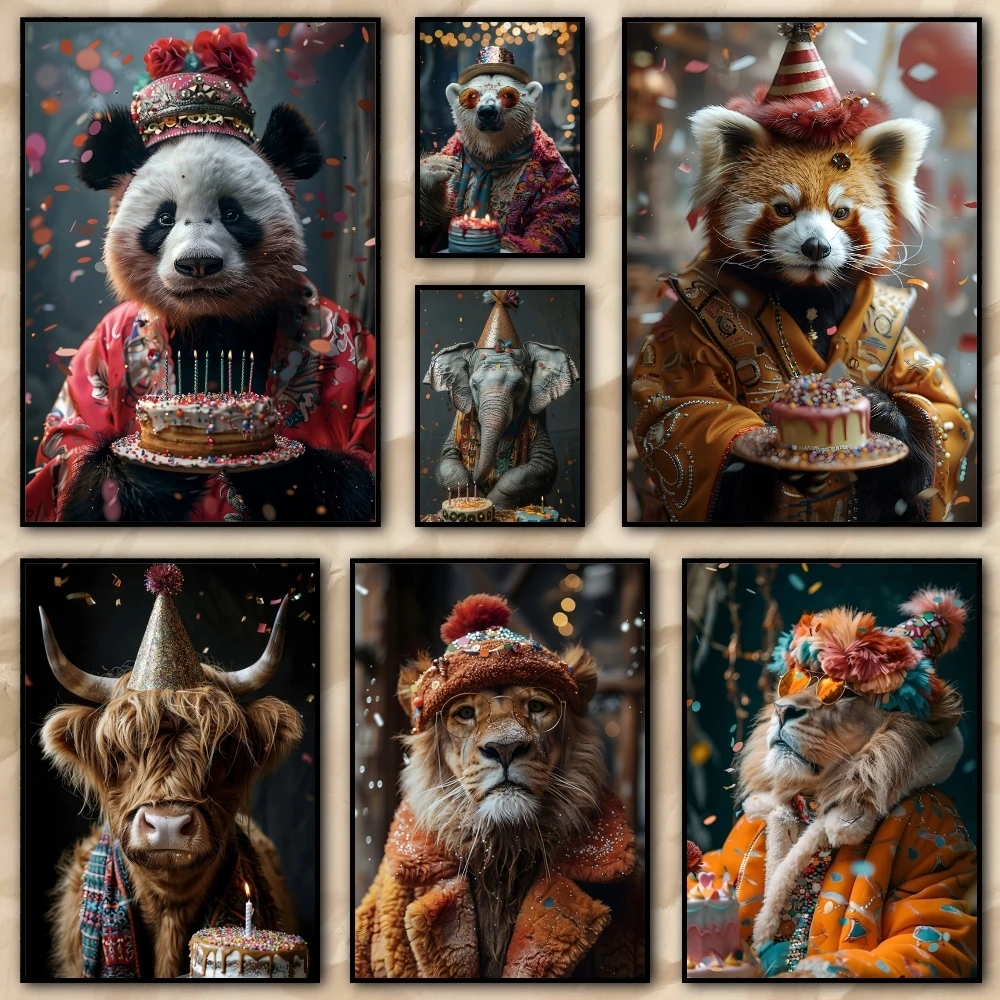 Cute animal Panda Lion Dressing Painting Calligraphy pictures Room bedroom interior wall decoration Canvas Poster art mural