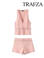 TRAFZA Women 2 Piece Set Summer Pink V-Neck Sleeveless Belt Decoration Slim Vest Top+High Waist Pockets Side Zipper Slim Shorts