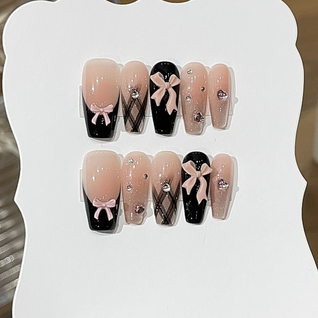10 قطع من الأظافر المصنوعة يدويًا الفرنسية السوداء على الأظافر، أظافر وهمية مع فيونكة وردية ثلاثية الأبعاد يمكن ارتداؤها، أظافر صناعية، أظافر صناعية