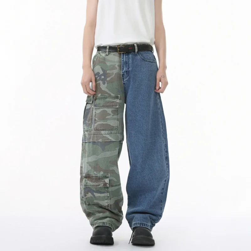 

SYUHGFA Personalized Camouflage Patchwork Men's Jeans American Style Large Pocket Fashion Washed Loose Male Trousers Summer 2025