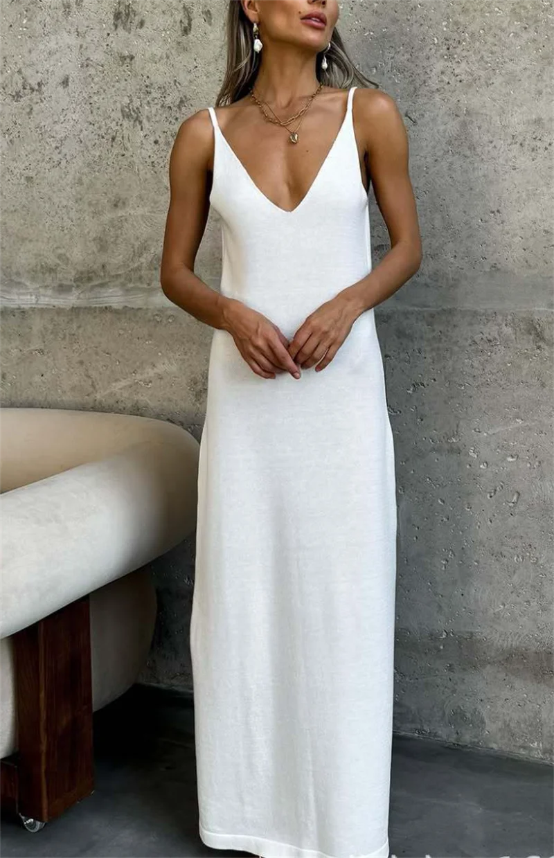 섹시한 딥 V 백리스 슬립 롱 니트 드레스 비치 크로셰 비키니 커버업 여름 스트랩 수영복 여성 수영복 로브 베스티도스