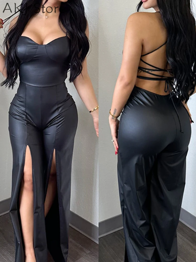 

PU Leather Jumpsuit Women Off The Shoulder Sexy Slit Backless Jumpsuits