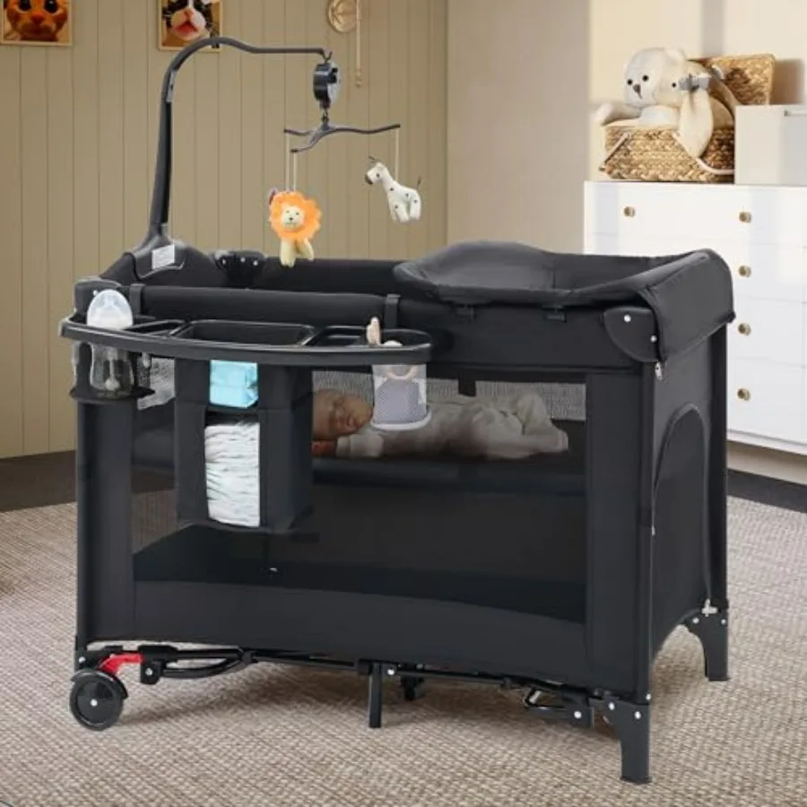 HARPPA Cuna Portátil 6 en 1 para Bebé, para Viajes, Color Negro, Cuna Colecho con Colchón, Cuna Rodante para Bebé, Pack n Play
