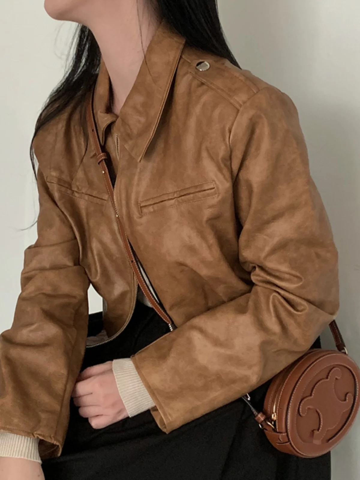 

Matte PU Leather Jaet Women's Vintage Rusted Lapel Loose Zipper Tapered Bot Motorcycle Clothes Top