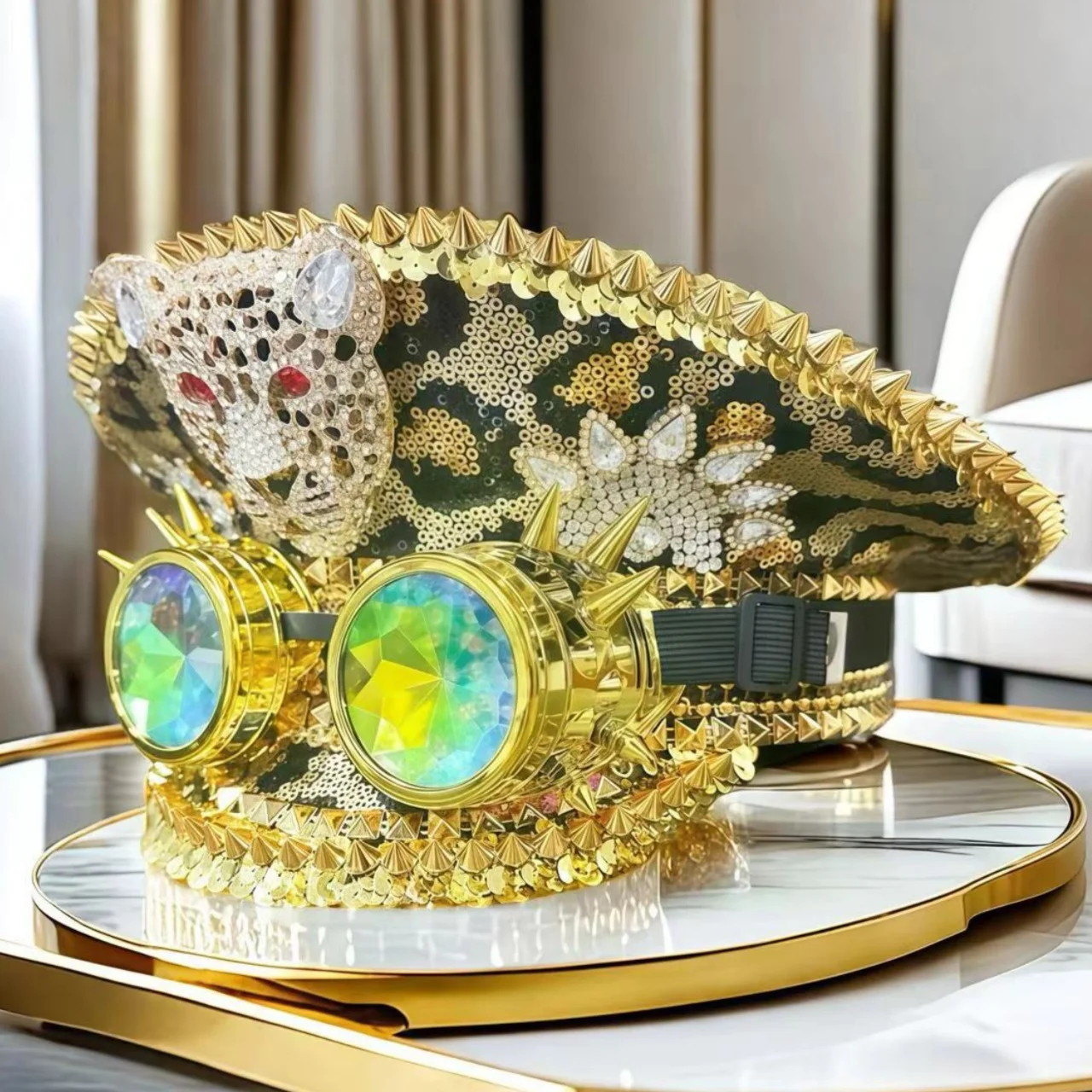 Leopard Head Gold Festival Captain Hat Steampunk Military Cap Masquerade Unisex Goggles Music Festival Sergeant Hat Cosplay