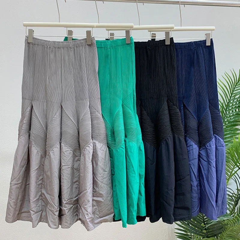 WHTREND jupe plissée à la main automne nouveau Style taille élastique Patchwork élégant ample polyvalent jupe pliante WH1089