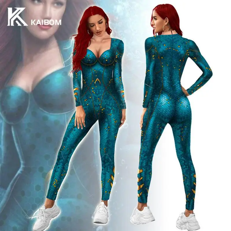 

Women Jumpsuit Superhero Cosplay Costume Mermaid Print Bodysuit Carnival Party Sexy Outfit Blue Fish Scale Zentai Clothes