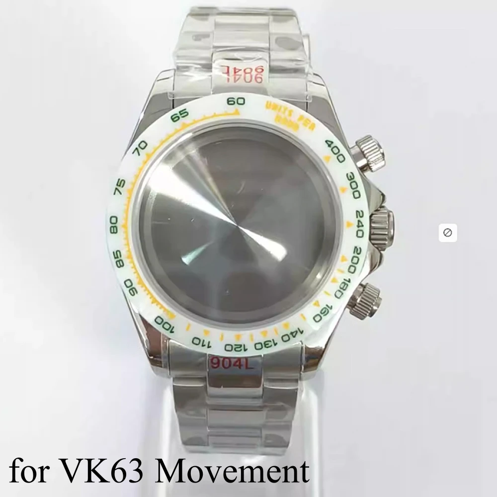 

Кварцевый корпус 39 мм для механизма VK63, ремешок для часов Midlight, однотонная задняя часть, зеленый, оранжево-желтый безель, аксессуары для часов с сапфировым стеклом