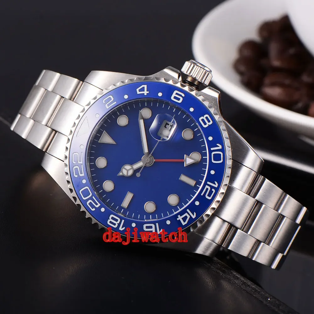 DEBERT 43mm GMT Automatic mechanical Men watch Sterile blue dial stainless steel case Sapphire glass date Luminous watch