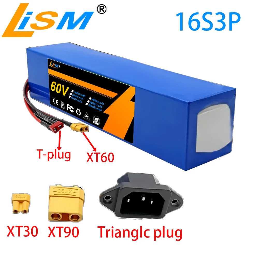 New 60V 10Ah 1000 lithium battery with 16S3P electric bicycle, scooter, motorcycle, tricycle, and high-power+67.2V 2A charger