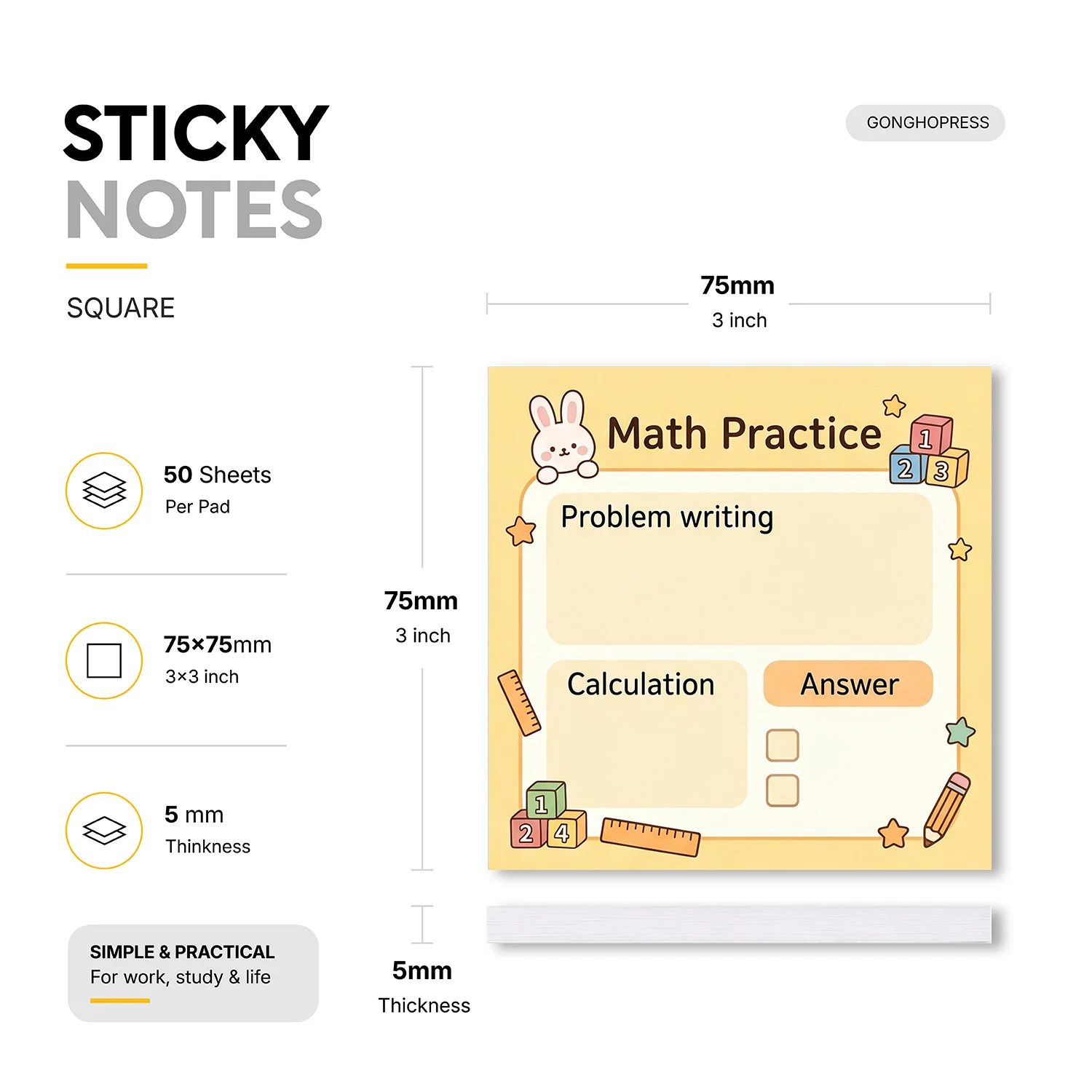 2pcs Math Practice Sticky Notes, Kids Learning Memo Pads, 100 Sheets Total, Removable Self-Adhesive Notes for Problem Writing