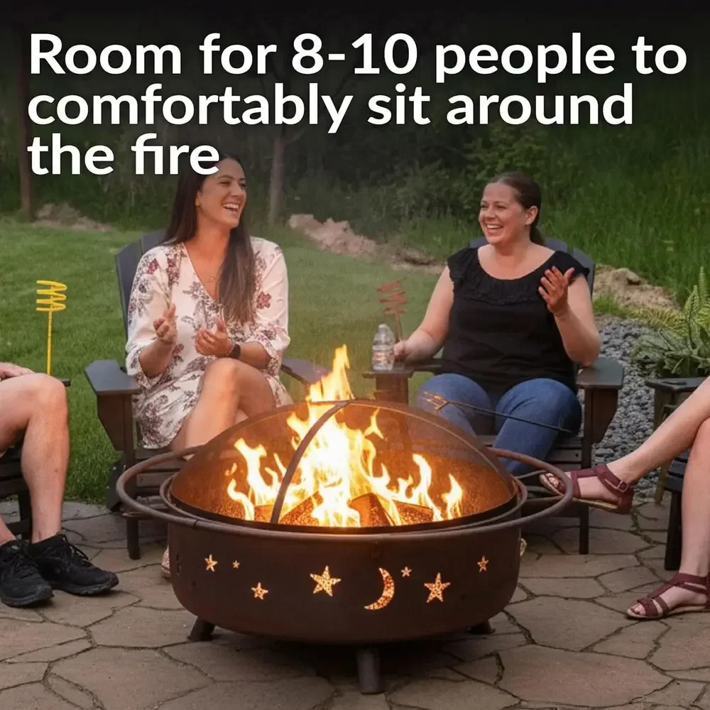 42-Inch Round Outdoor Wood-Burning Fire Pit with Spark Screen, Poker, and Grate