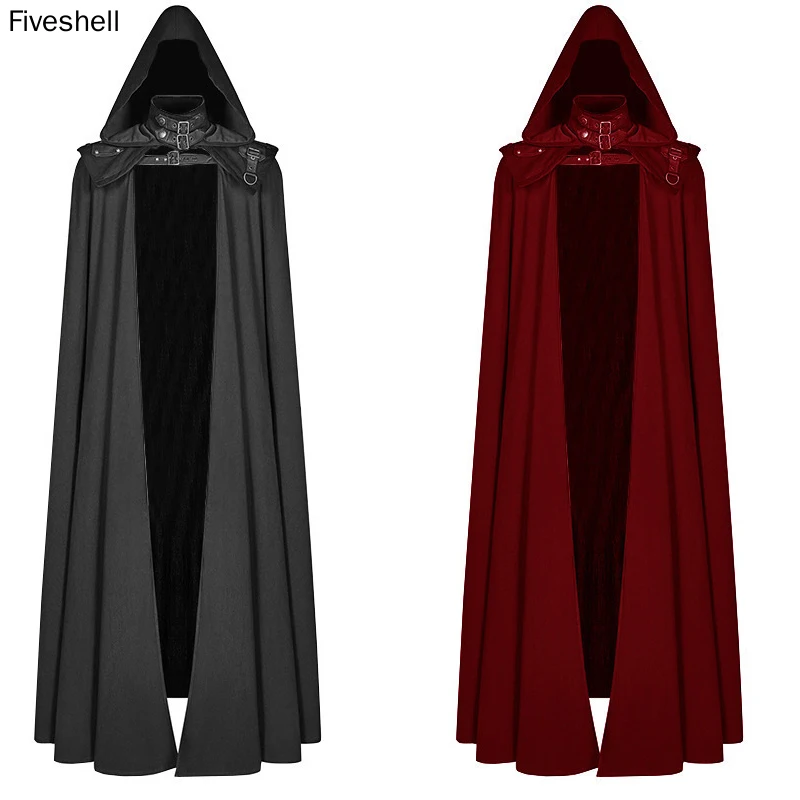 

5XL New Halloween Vampire Pagan Cosplay For Unisex Solid Color Hooded Shawl+Cloak Steampunk Retro Wizard Cosplay Stage Costume