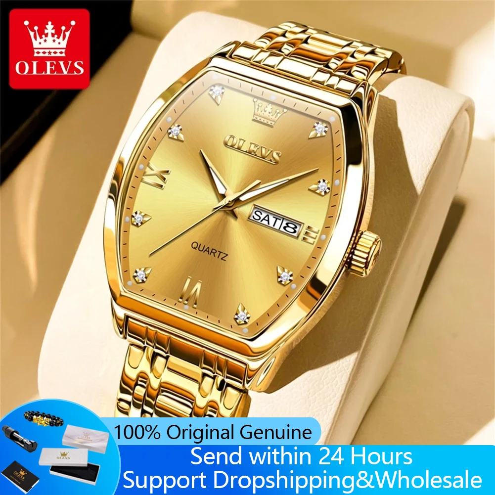 

Мужские часы OLEVS 5528, горячая распродажа, оригинальные, водонепроницаемые, с римскими цифрами, наручные часы с двойным календарем, циферблатом в форме бочонка, кварцевые, для мужчин.