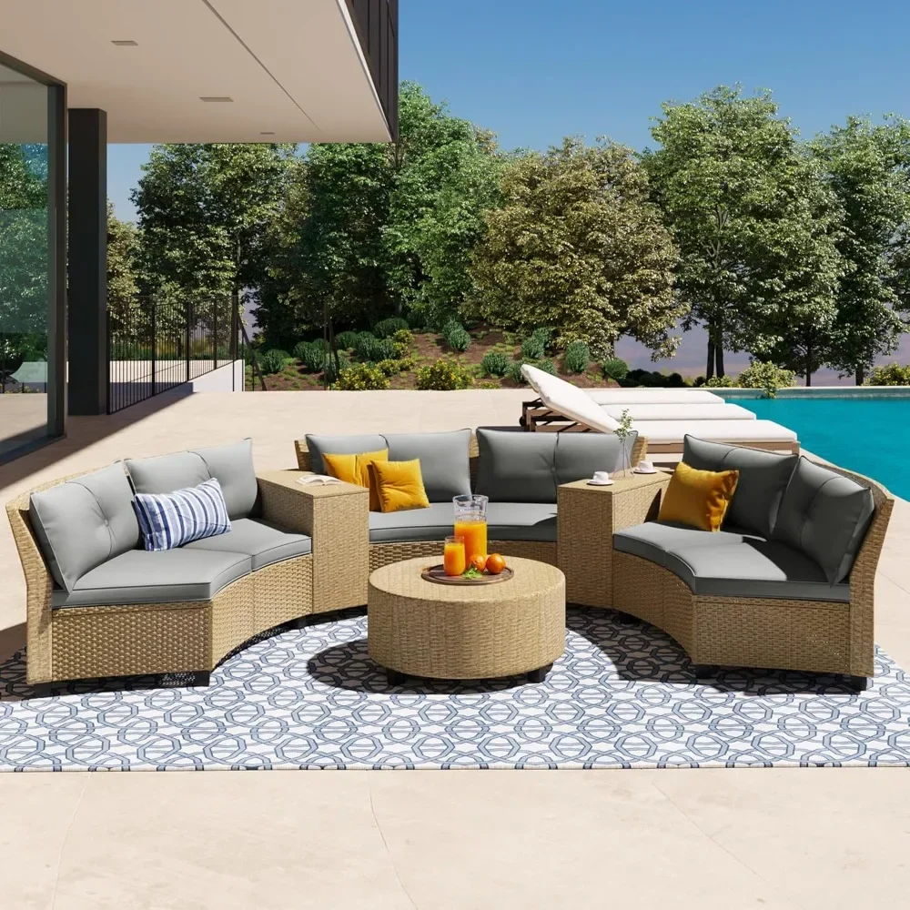 

9-Piece Rattan Wicker Patio Conversation Set, Half-Moon Shape Patio Furniture Set with 6 Chairs,