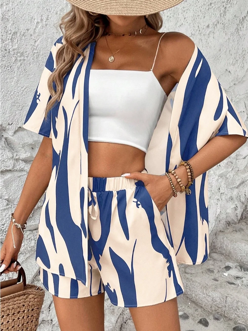 Zomer Willekeurige print ort Sve Open vest Elastische taille orts Tweedelige set Strand Dagelijks Dames Faion Polyester Materiaal