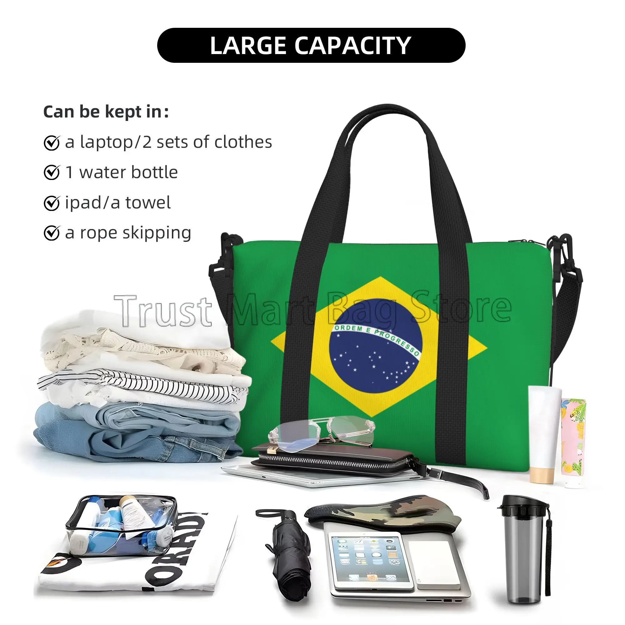 Bolso de viaje con estampado de bandera de Brasil para hombre y mujer, bolsa de hombro impermeable, para llevar durante la noche, para gimnasio