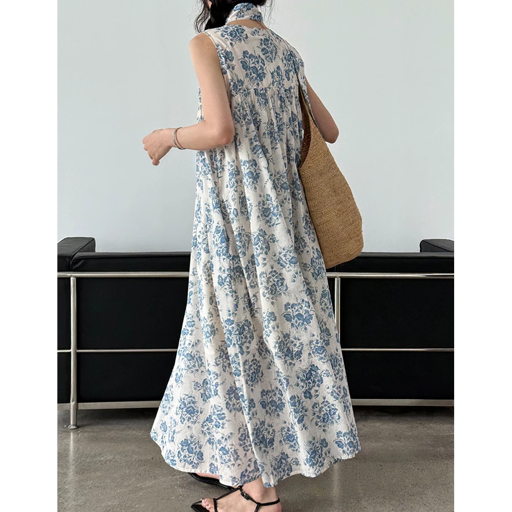 Abito lungo estivo da donna in cotone 100% con stampa floreale senza maniche stile ampio elegante abito Boho maxi abiti abiti da donna