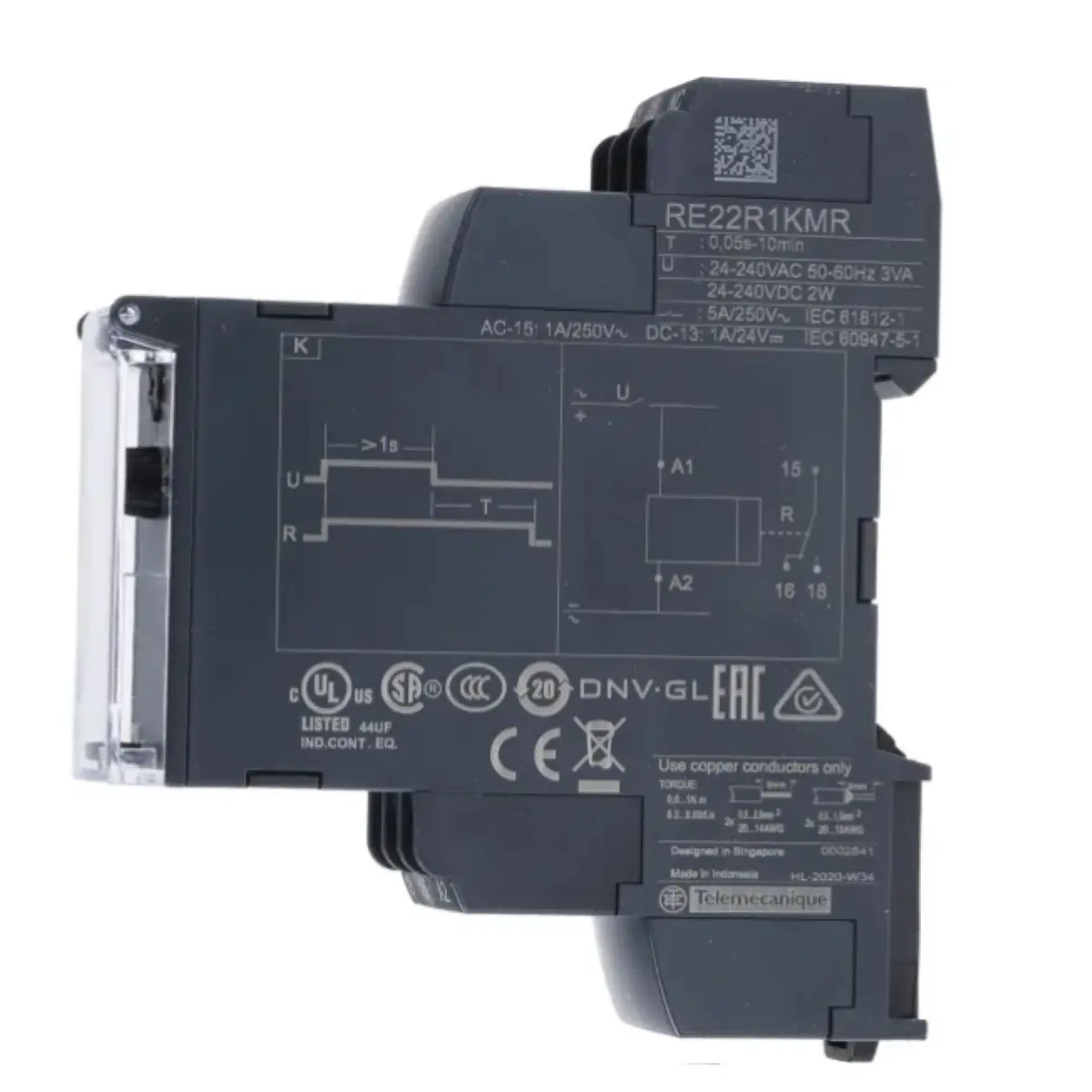 RE22R1KMR single function relay, Harmony Timer Relays, 5A, 1 CO, 0.05sâ€¦10min, delay on de energization, 24...240V AC DC