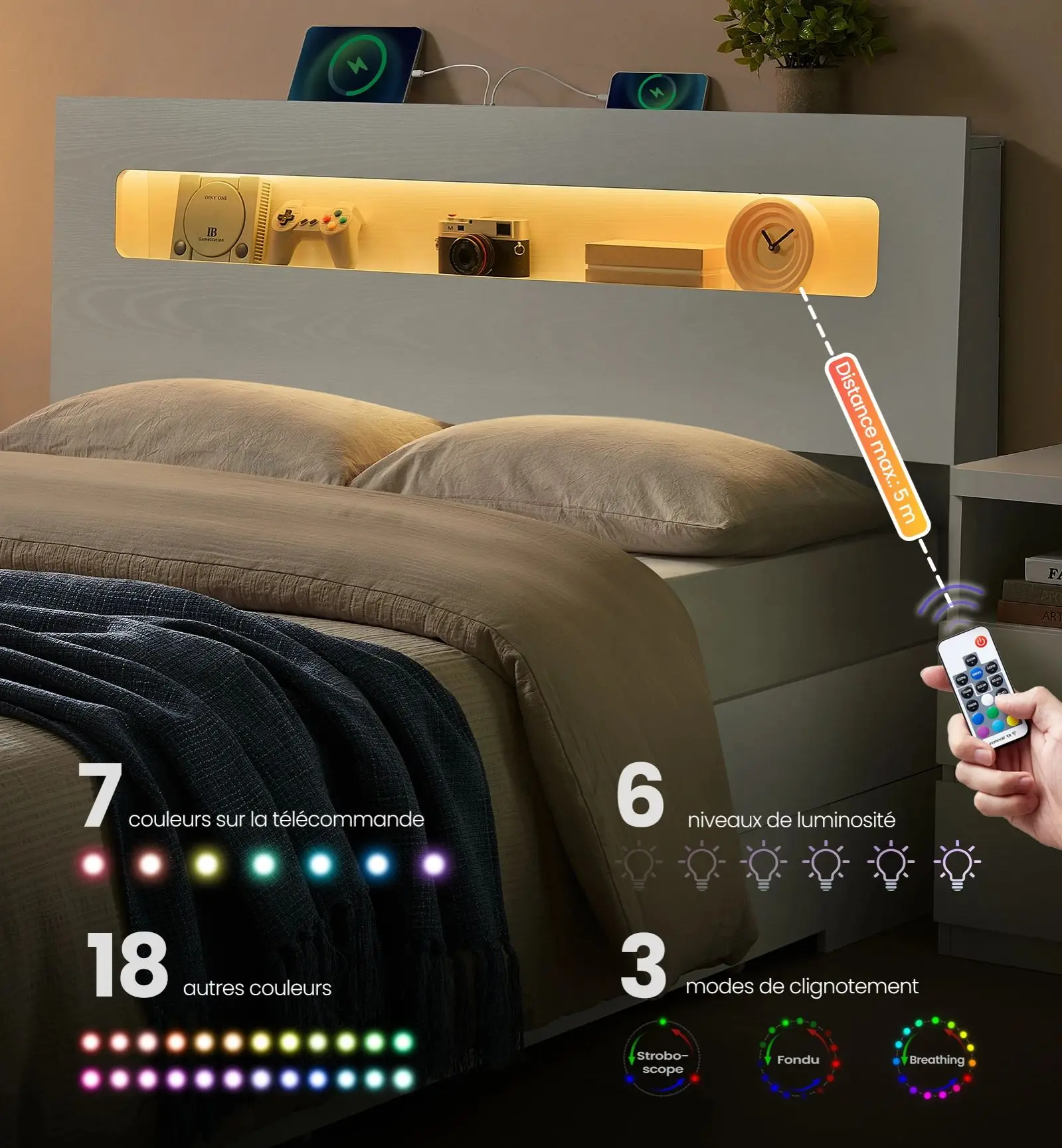 VASAGLE Kailyn Collection - Cadre de Lit avec 2 Tiroirs Coulissants 140 x 190 cm, Lit Double, avec LED, Multiprise