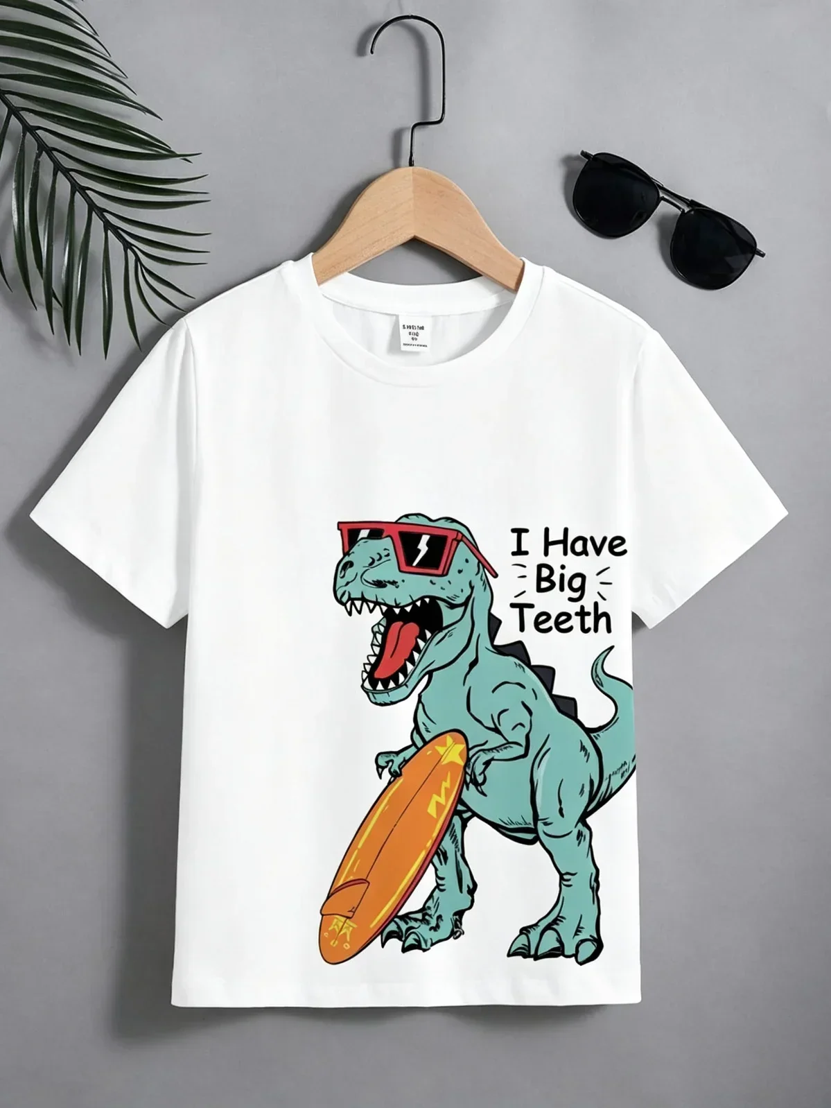 Cool Surf Dinosaur Kids T‑shirt I Have Big Teeth Print Boys Short Sleeve Tee Casual Summer Children Tops Cartoon Boy Clothing