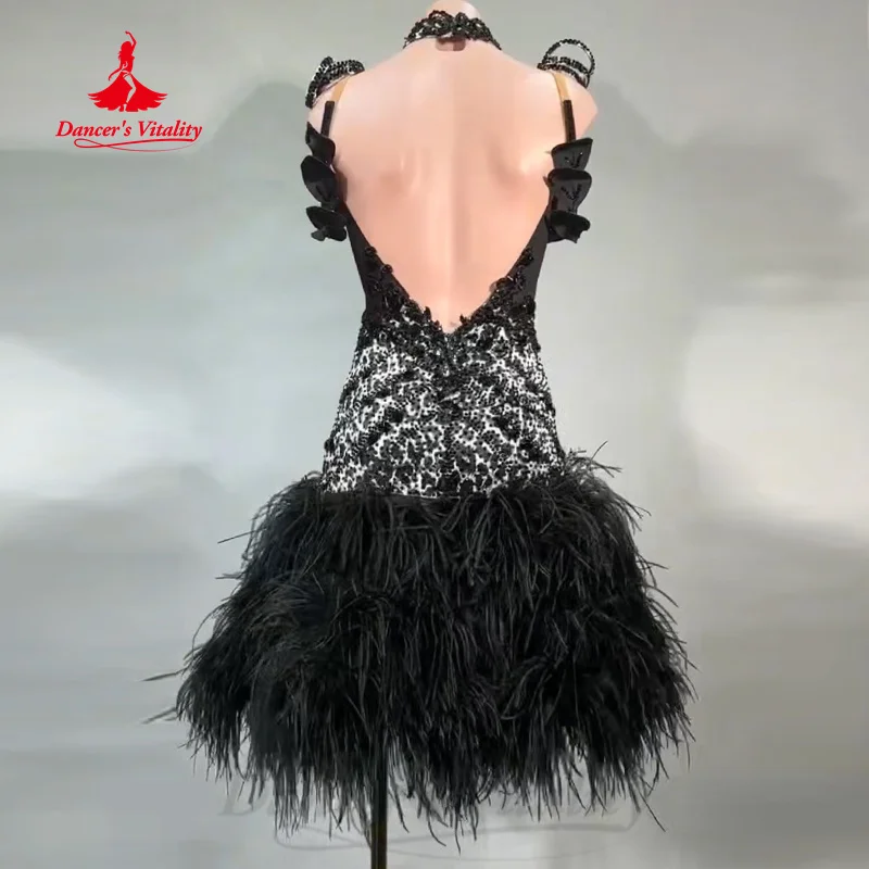 Latin Dancing Performance Clothing Customized Senior Luxury AB Stones Feather Dress Adult Children Chacha Competition Dresses