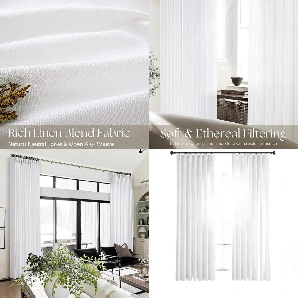 빛을 투과시키는 흰색 린넨 핀치 플리츠 커튼, 72인치 길이, 현대적인 해안풍 침실 장식을 위한 반투명 커튼