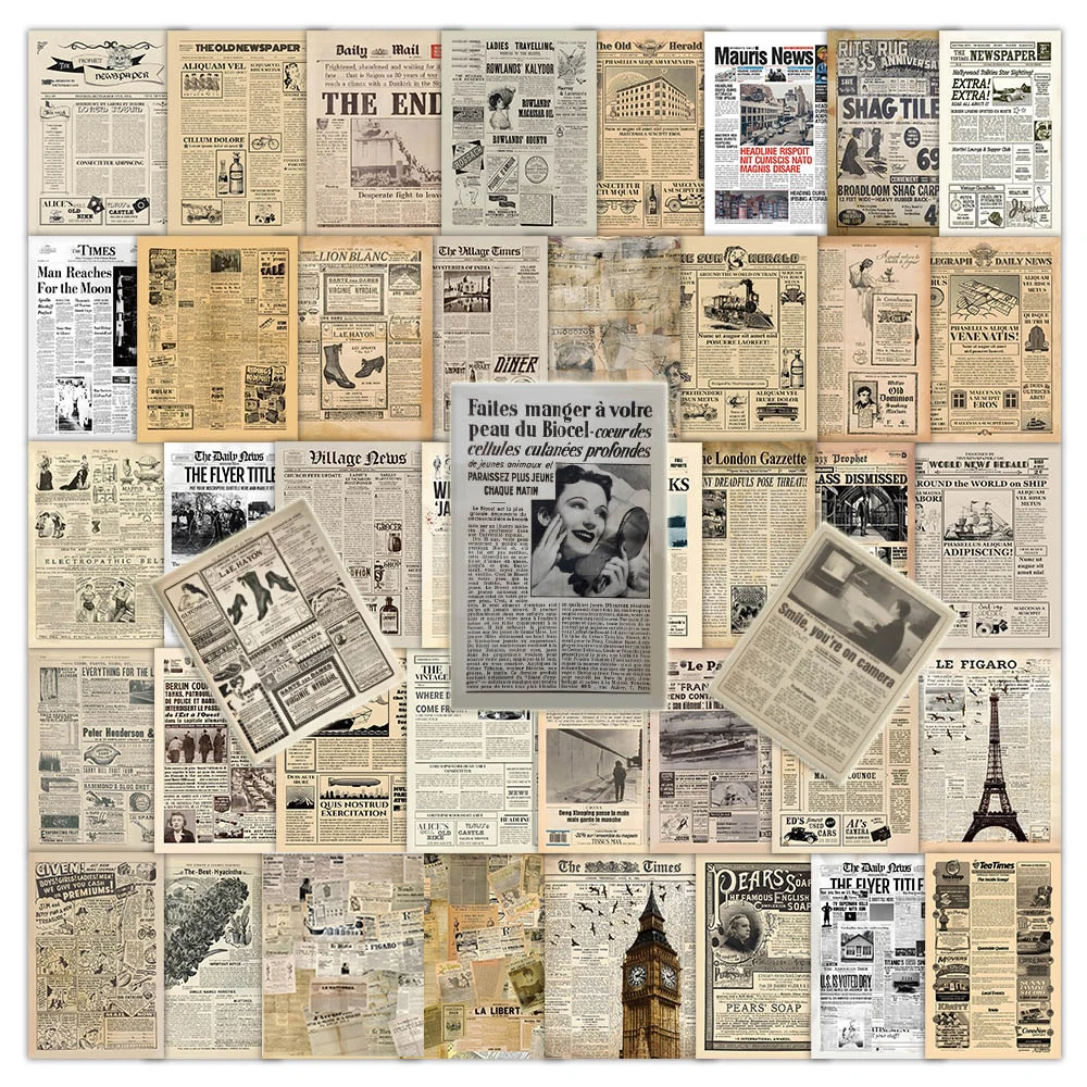 10/30/60pcs Vintage Parchment Retro Newspaper Poster Stickers Decals Skateboard Laptop Phone Car Waterproof Sticker Kids Toys