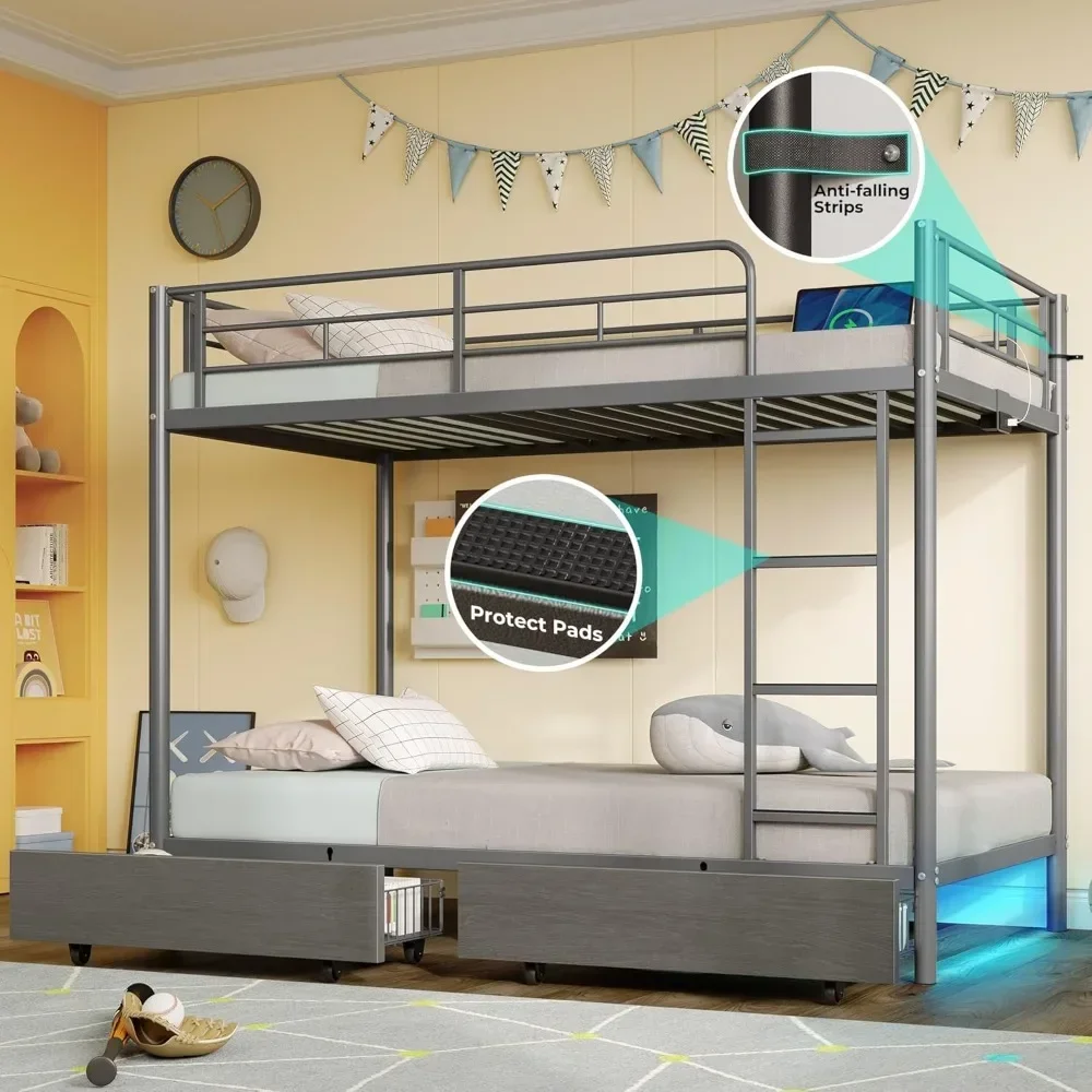 Metal Bunk Bed Twin Over Twin with USB Charging Station LED Bunk Bed with 2 Storage Drawers, Bed with Safety Guardrail & Ladders