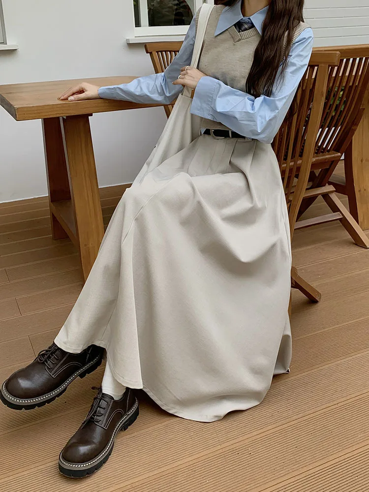 3Colors S-XL Autumn Female New Long Suit Skirts 2023 Women High Waist Ball Grown Maxi A Line Skirt Female+belt (L5150)