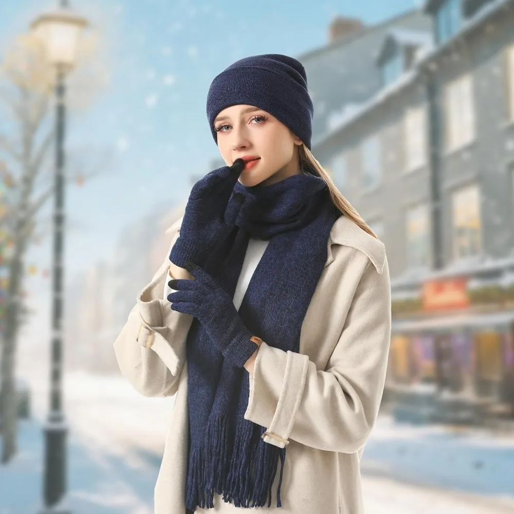 الشتاء الدافئة قبعة صغيرة قفازات لمس طقم وشاح طويل للنساء مع عقال، قبعة متماسكة الأوشحة مع شرابة للنساء