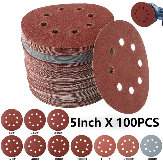 100 sztuk 125mm papier ścierny okrągły kształt tarcze szlifierskie haczyk pętla papier ścierny arkusz polerski papier ścierny 8 otworów szlifierka nakładka polerska