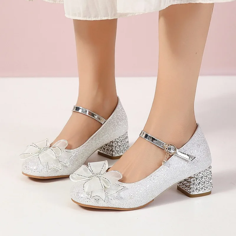 Women Silver Sequin Bow Mary Jane Shoes Chunky Heel Pumps Wedding Banquet Bridesmaid Stage Performance Dress Footwear