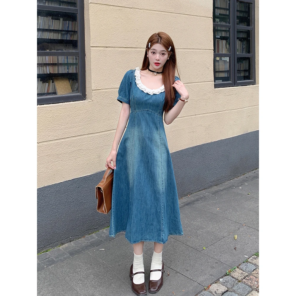 

Vintage Women Denim Dress Patch Layered Lace O-neck Slim A-Line Long Vestidos Female Mid-Length Soft Jean Frocks 3XL