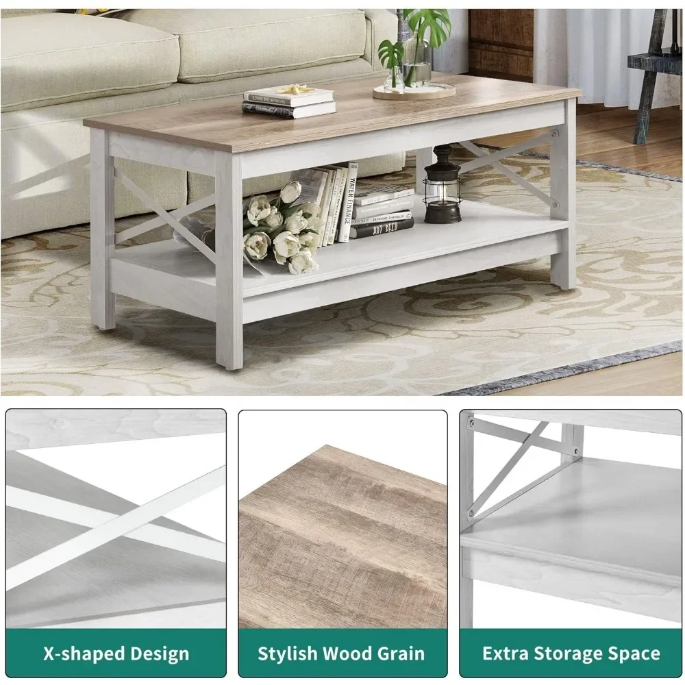 Coffee table modern farmhouse with storage, 2 floor living room table wooden living room table with sturdy frame, grey wash